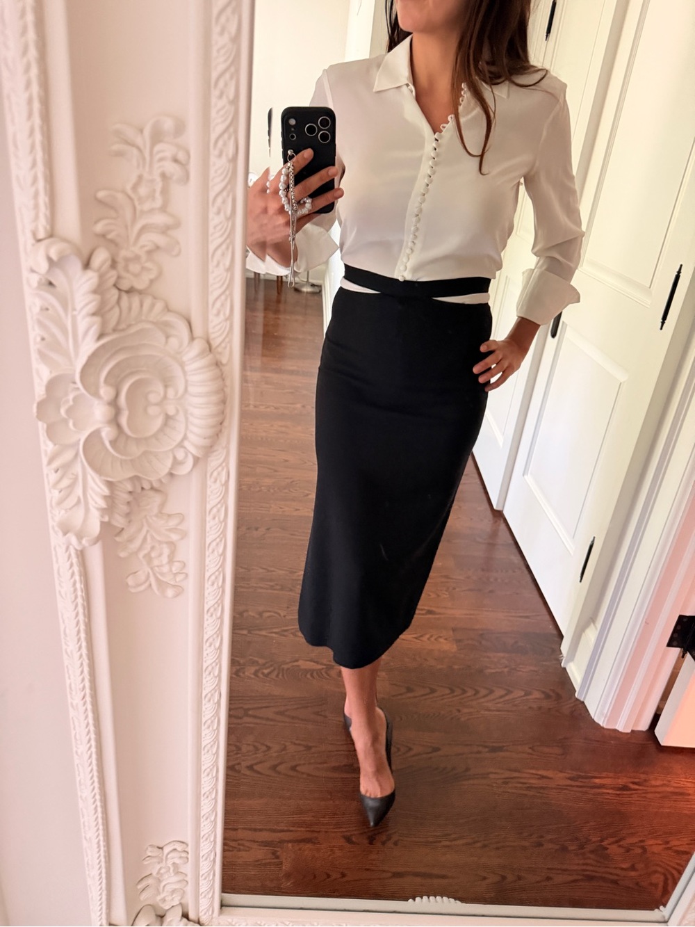 Sandro Cut-out Detail Rihana Woven Midi Pencil Skirt- Black
